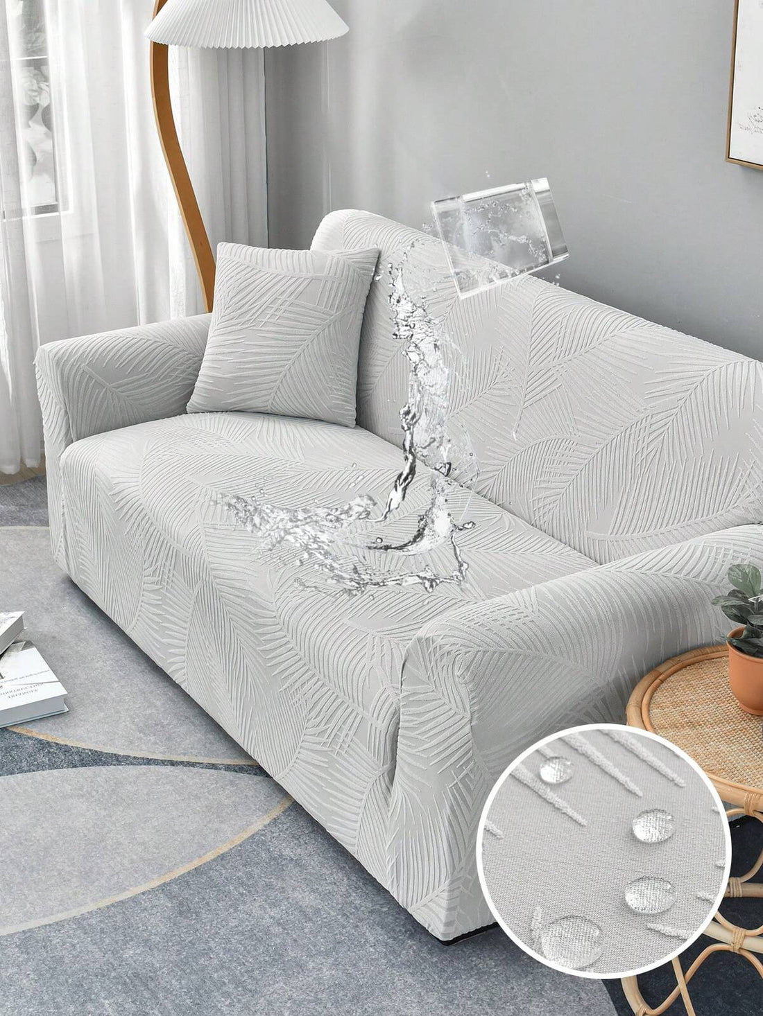 1pc Waterproof Light Grey Sofa Cover With Leaf Pattern