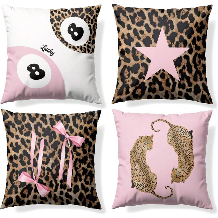 4Pcs 18x18 Inch Navy Blue Retro Leopard Throw Pillow Covers, Cheetah Cherry Decorative Pillowcases Cushion Cases For Girly Bedroom Dorm Decor, Preppy Star Lucky Pillow Cover, Cheetah Print Gifts, Pillow Covers For Girls Room Dorm Apartment Decor
