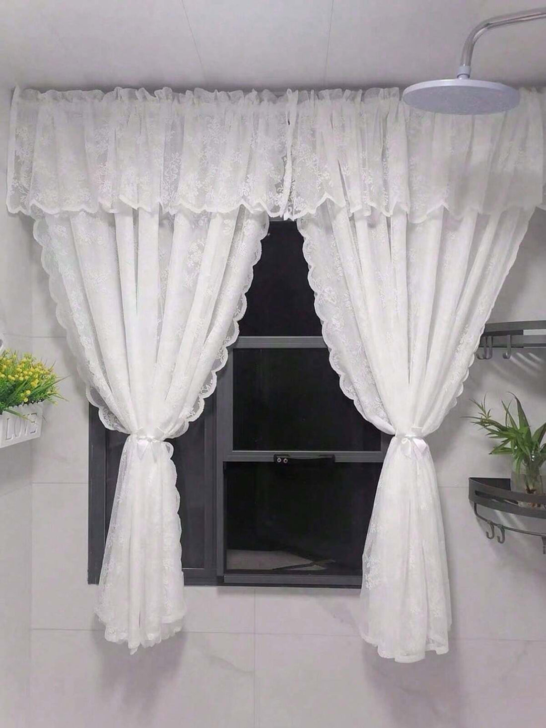 1pc White Lace Trim No-Drill Cafe Curtain, Fits Kitchen/Bedroom Window Sill/Door, Princess Style Sheer Curtain