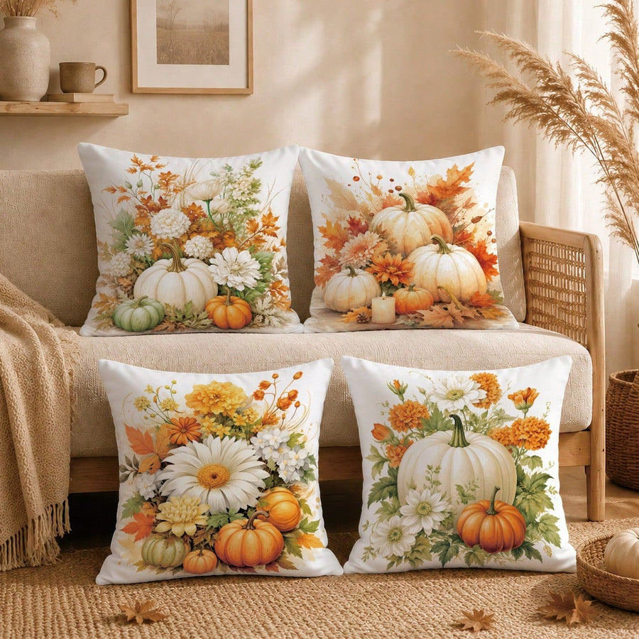 Minimalist Autumn Watercolor Pumpkin & Floral Cushion Cover 4-Piece Set, Single-Sided Printed Peach Skin Velvet Polyester Material, 45*45CM Throw Pillow Covers For Modern Fabric Sofa Indoor Decor, Party Decoration, Gift Giving